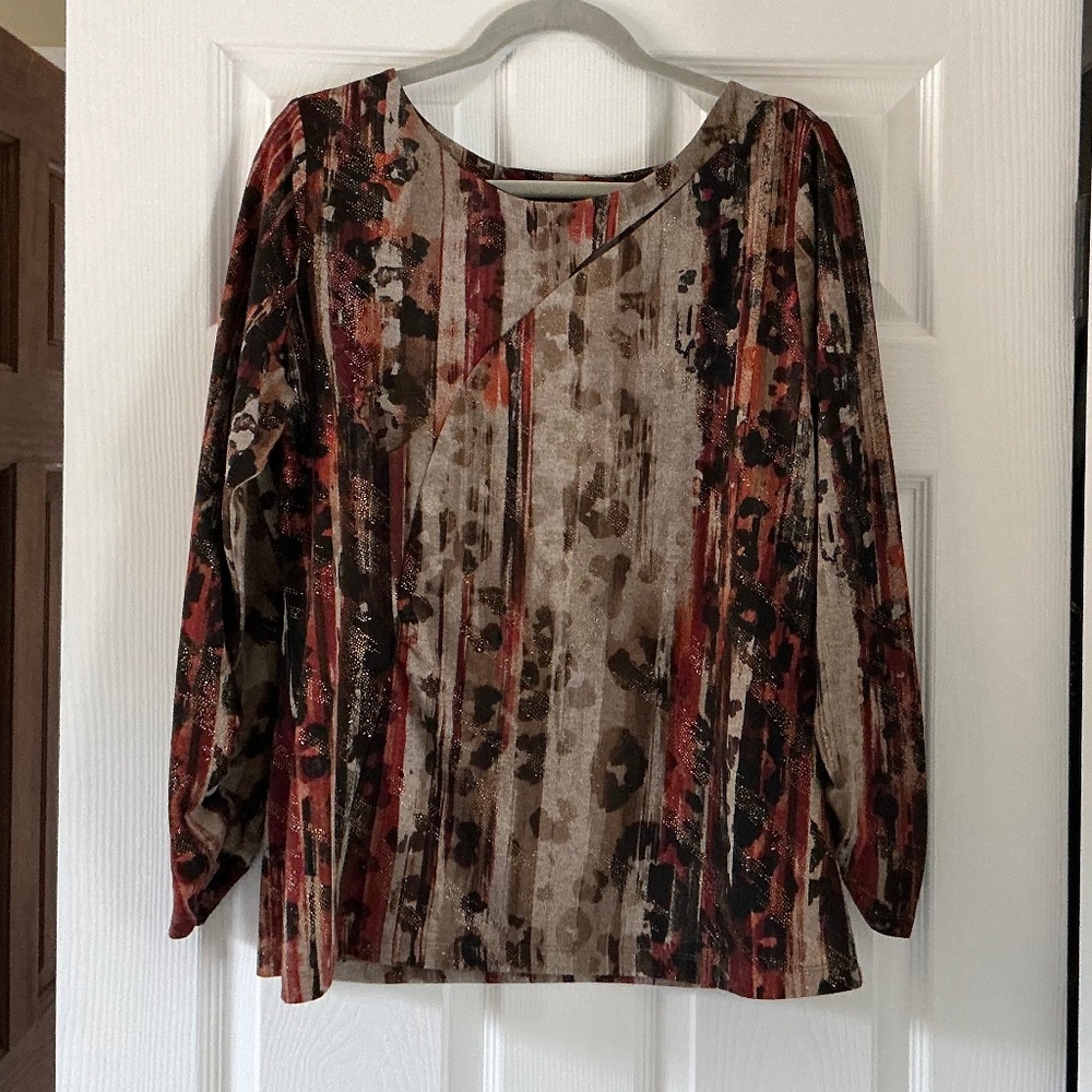 Susan Lawrence Long Sleeve Rust Tan Black Gold Top XL